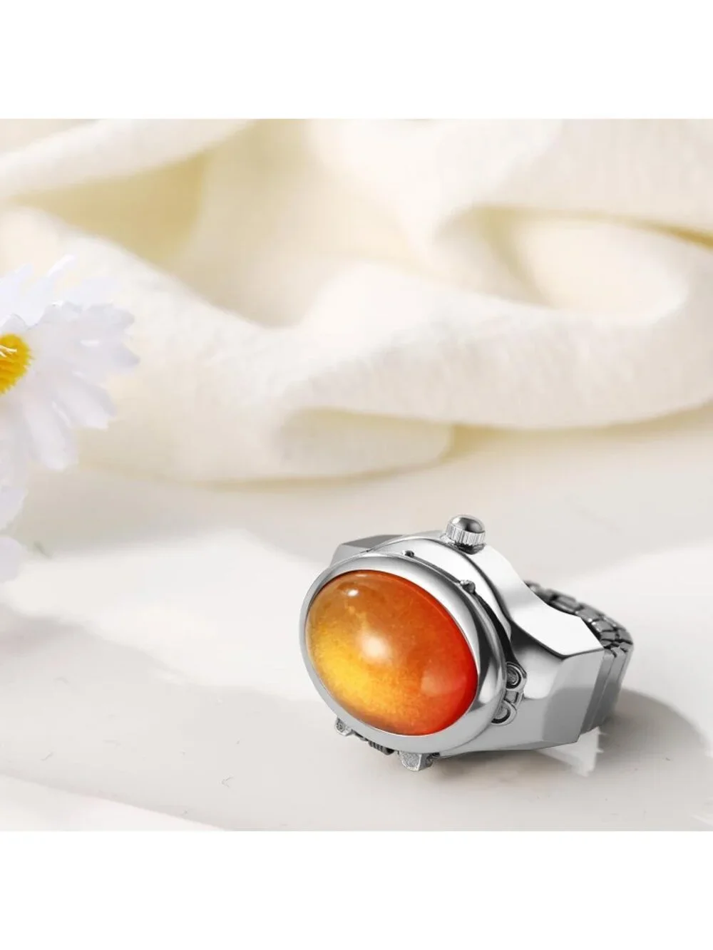 Unisex Orange Analog Elastic Band Stainless Steel Stretchy Finger Ring Watch